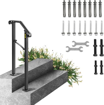 VEVOR Smeedijzeren Leuning 1-2 Treden Trap Leuning 17,3 cm Smeedijzeren Leuning Rail Afstand Tussen Palen 30 cm Outdoor Indoor Trapleuning voor Tuinen Woongebouwen Commerciële Kantoorgebouwen Zwart