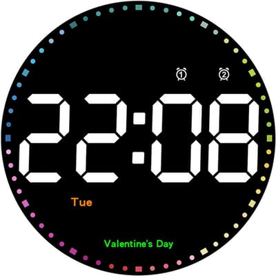 Ronde wandklok, 25 cm, grote digitale wandklok, groot display met regenboog secondewijzer, aflezing/week/temperatuur/instelbare helderheid, led-wandklok voor thuis/kantoor/garage