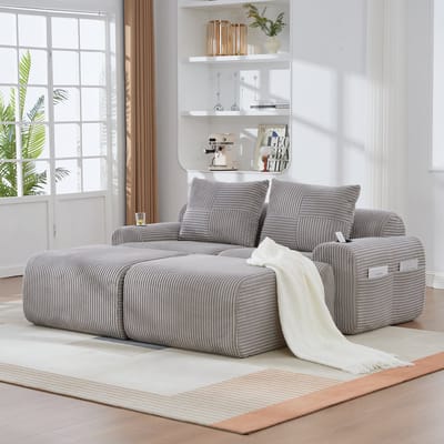 MODFU 2-Zits Modulaire Bank - Met Bekerhouder En Opbergvak - Modern - Voor Woonkamer - Cordstof - Lichtgrijs - 200 x 174 x 80 cm