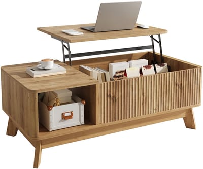 Urban Loft - Serie Metro - Salontafel 95 cm - Met Hefblad & 3D Golf Optiek - Open Zijvak & Verborgen Opbergruimte - Modern Design