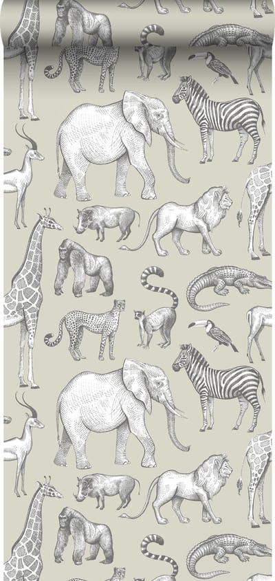 ESTAhome behang jungle dieren groen grijs - 53 cm x 10.05 m - 139270