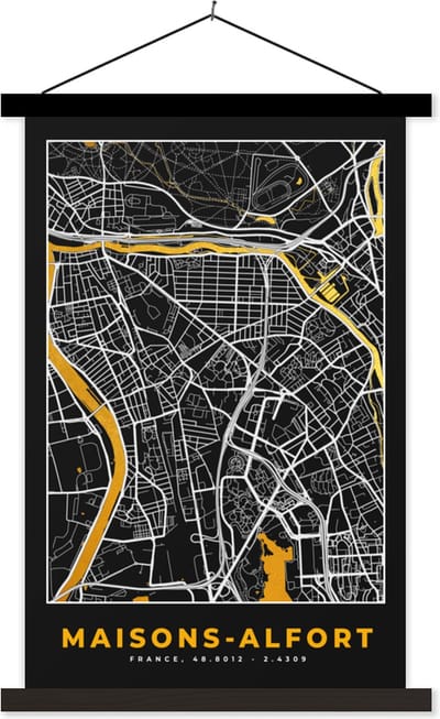 Posterhanger incl. Poster 40x60 cm - Schoolplaat - Plattegrond – Kaart – Stadskaart – Frankrijk – Maisons-Alfort - Textielposter - Zwarte latten - Stadskaart