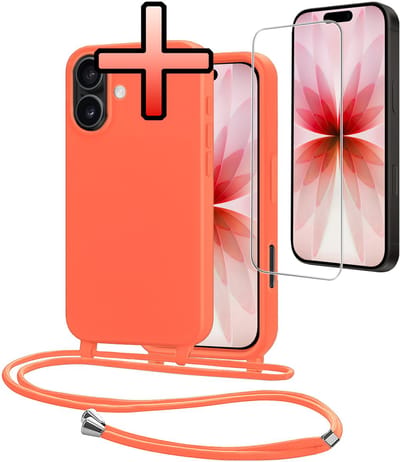 Hoes Geschikt voor iPhone 17 Met Telefoonkoord Met Screenprotector - Siliconen Hoesje Backcover Met Ketting - Papaya