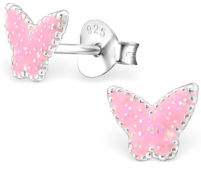 Joy|S - Zilveren vlinder oorbellen - 7 mm -  roze met glitter - oorknoppen voor kinderen