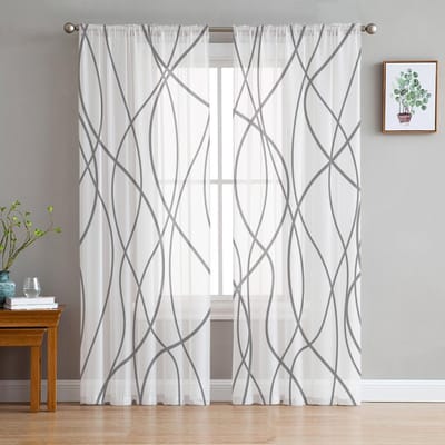 Rideaux Voilages en Organza à Lignes Torsadées Grises Art Moderne pour Décoration de Salon Rideaux de Fenêtre pour Cuisine Rideaux en Tulle W135 x H115cm x1 white