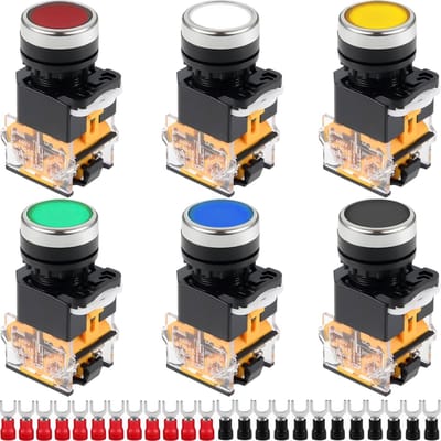 Momentane Drukknopschakelaar 22mm - 440V 10A - IP65 - Keuze uit 6 Kleuren met 24 Vorkklemmen