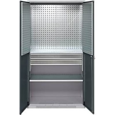 Schäfer Shop Genius materiaalkast FS, 5 OH, afsluitbaar, geperforeerde roosterwanden/2 laden/2 legborden, tot 450 kg, B 1055 x D 520 x H 1950 mm, blank aluminium/antracietgrijs + gratis inzetbakset-24 st.