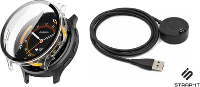 Strap-it Bescherm Hoesje met Glasplaat + Oplader – Geschikt voor Garmin Venu 3 – Transparant – Schokbestendig – Duurzaam – Perfecte Pasvorm