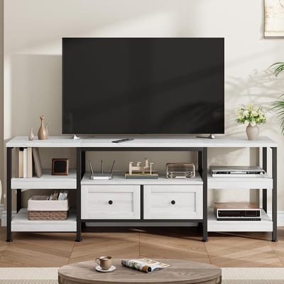 Moderne industriële tv-standaard van 1-8 meter – 2 lades- open planken- metalen frame- rustiek design –voor woonkamer of kantoor–wit