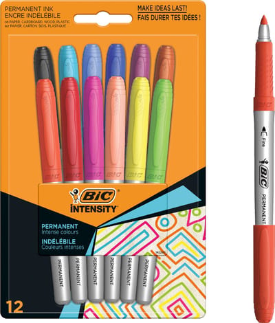 BIC Intensity Permanent Markers en Stiften voor School en Kantoor - Dunne Punt - Watervast in Diverse Kleuren - 12 Stuks
