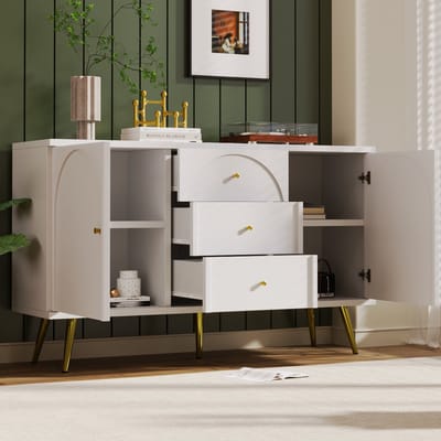 Dressoir 140x40x84 cm - met 2 deuren en 3 laden - bijzetkast - verstelbare planken - voor woonkamer en slaapkamer - crèmewit