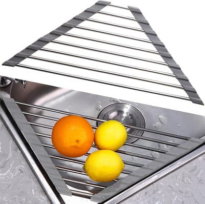 Triangulaire RVS Afwasrek voor de Gootsteen - Oprolbaar Droogrek voor Groenten, Fruit en Borden (Grijs)