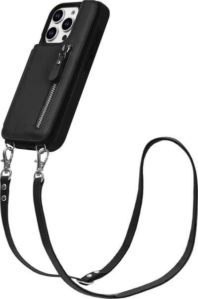 Casemania Hoesje Geschikt voor Apple iPhone 16 Pro - Zwart - Luxe Back Cover met Koord / Rits - Wallet Case met Pasjeshouder - Lanyard Telefoonhoes - Cord Case