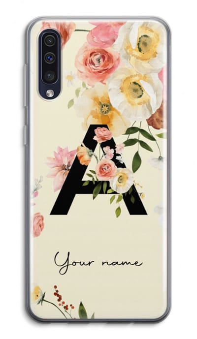Gepersonaliseerd - Case Company® - Hoesje geschikt voor Samsung Galaxy A50 hoesje - Flirty Flowers Monogram - Soft Cover Telefoonhoesje - Bescherming aan alle Kanten en Schermrand