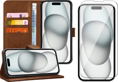 Hoesje geschikt voor iPhone 15 - Screen Protector GlassGuard - Book Case Kunstleer Pasjeshouder Bruin & Screenprotector