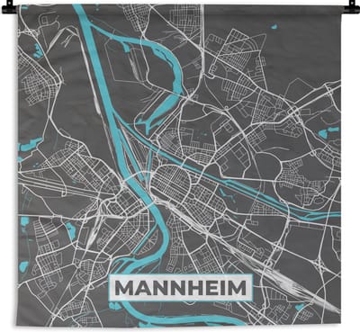 Wandkleed - Wanddoek - Stadskaart – Plattegrond – Duitsland – Blauw – Mannheim – Kaart - 180x180 cm - Wandtapijt