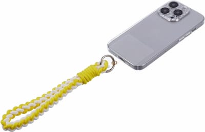 Peachy Telefoonkoord Robuust Touw Gevlochten Polsbandje met Bevestigingsplaatje voor Smartphone Telefoon - Geel Wit