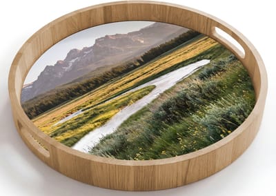 Dienblad rond 40x40 cm - Schootdienblad hout - Berglandschap - Rivier - Bos - Borrelplank rechthoek - Plateau houten dienbladen