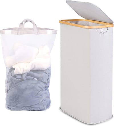 Luxe wasmand met deksel 63L in lichtgrijs, praktische opbergoplossing voor kleding en wasgoed
