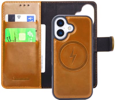 CaseMania Bookcase hoesje geschikt voor Apple iPhone 17 - Effen Tan - Leer - 2-in-1 Magnetisch Uitneembaar Design - Compatible met MagSafe