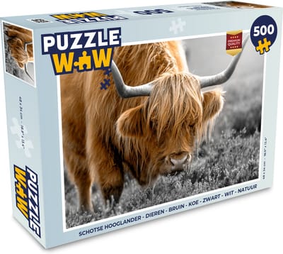 Puzzel Schotse Hooglander - Dieren - Bruin - Koe - Zwart - Wit - Natuur - Legpuzzel - Puzzel 500 stukjes