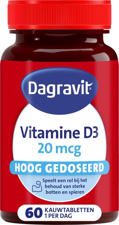Dagravit Vitamine D3 hooggedoseerd 20 mcg - Ondersteunt het afweersysteem - Ondersteunt het behoud van sterke botten en spieren - 60 kauwtabletten