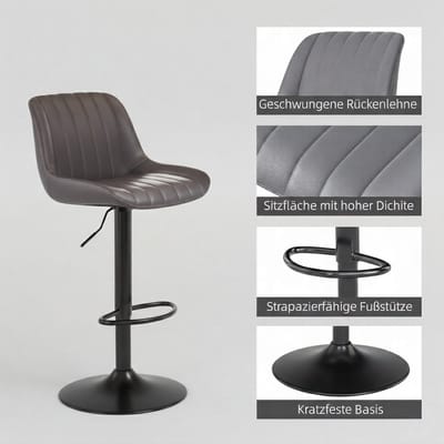 Barkruk Set van 4 – House&Garden Luxe Draaibare Barkrukken met Rugleuning en Armleuning, In Hoogte Verstelbaar 55-75 cm, PU-leer, Modern Design voor Keuken, Eetkamer, Bar, Café, Bistro, Donkergrijs