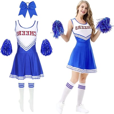 Vrouwelijk Cheerleader Kostuum met Pompoms, Haaraccessoires en Sokken voor Carnavalsfeest en Cosplay