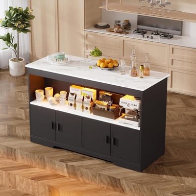 Keukeneiland Buffetkast - Bartafel Opbergruimte - Keuken Organiseren - Marmerlook Werkblad - 110 cm Breed - Zwart Wit