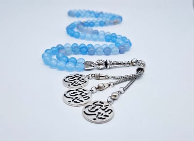 Handgemaakte tesbih "Tasbih" natuursteen " Blauwe Jade " - Aantal kralen 99 - Diameter kralen 8MM - met metaal tassel "Qustantinia" - Een mooi cadeau-idee