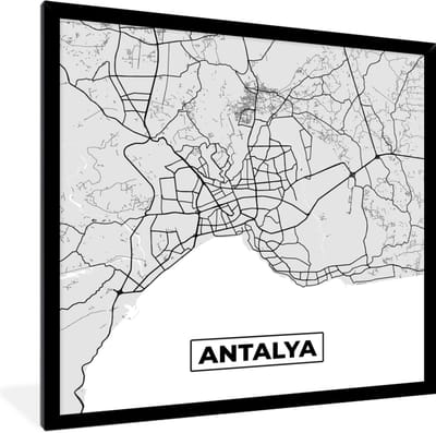Fotolijst incl. Poster Zwart Wit- Antalya - Stadskaart - Plattegrond - Zwart Wit - Kaart - 40x40 cm - Posterlijst