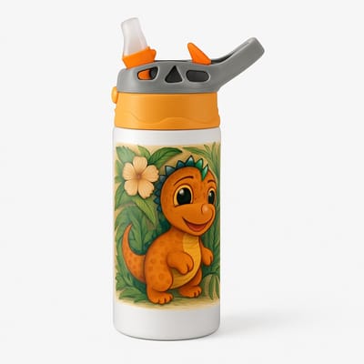 Tropische Dino Cartoon Drinkfles – Vrolijke Drinkfles voor Dino Fans en Avontuur Liefhebbers - Waterfles voor kinderen (wit/oranje)