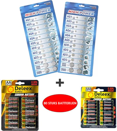 80 Stuks Batterijen Mix AG1/AG3/AG4/AG5/AG10/AG12/AG13/CR2016 CR2025 CR2032 - LR621-LR41 -LR626 -LR754 -LR1130 - LR43 LR44 AA/AAA Penlite- Knoopcel batterijen, Horlogebatterijen
