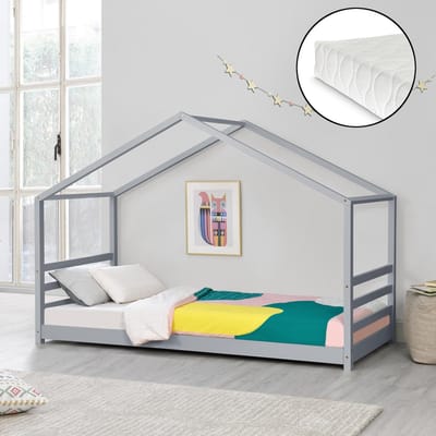 Kinderbed met bedbodem en matras huisbed 90x200 cm grijs