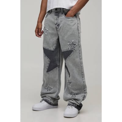 Relaxed Fit Jeans Met Ster Patchwork | Light Grey | Size 34R