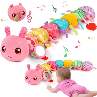 Babyspeelgoed 0 3 6 maanden Rups Muziekspeelgoed, Montessori Sensorisch Speelgoed, Babys Cadeau Meisje met Liniaal Grijpring Rammelaar Spiegel, Babyspeelgoed Nieuwborenen Cadeau, Tummy Time Babyspeelgoed