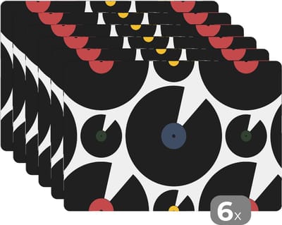 Placemat - Placemats kunststof - Muziek - Platen - Patronen - 45x30 cm - 6 stuks - Hittebestendig - Anti-Slip - Onderlegger - Afneembaar