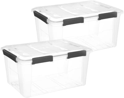 5Five opberg Box met deksel - 2x - Solutions Protect - 75 liter - 64 x 48 x 34 cm - kunststof - transparant - extra stevig
