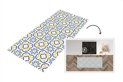 Keukenloper - Loper keuken - Bloem - Blauw - Geel - Tegels - Patronen - 120x50 cm - Keukenloper vinyl
