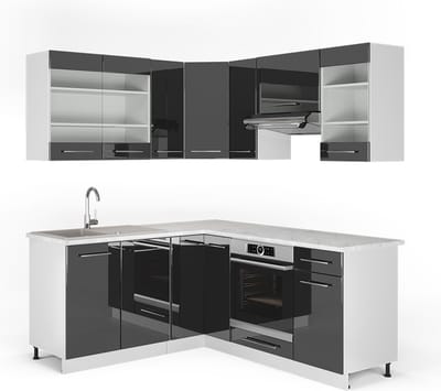 Vicco Hoekkeuken Fame-Line, Antraciet Hoogglans/Wit, 190 x 160 cm, WB Marmer
