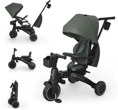 Kinderkraft JAZZ 3 Driewieler – 9 maanden tot 5 jaar – Inklapbaar & Lichtgewicht – 360° Draaibare Click & Twist Stoel – Verstelbare Oudergreep & Zonnekap – Groen