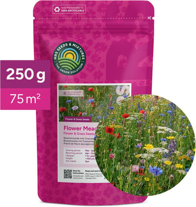 MRS Bloemenweide met Graszaad - 250 gram voor 75 m² - 38 bloem- en grassoorten - één en meerjarige wilde bloemen - Hoge aantrekkingskracht op bijen en vlinders