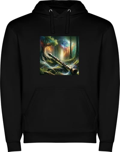 Zwarte unisex hoodie met “ Kleurrijke Fluit – Bos – Muziek – Vrolijk “ Print Full Color Color merk Roly maat S