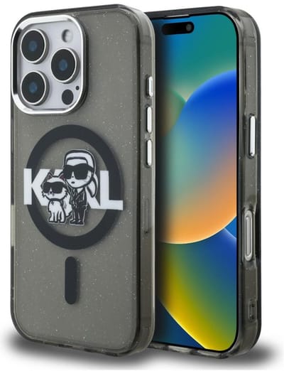 Karl Lagerfeld IML Glitter Karl & Choupette Sketch Logo MagSafe Hoesje voor iPhone 16 Pro Zwart