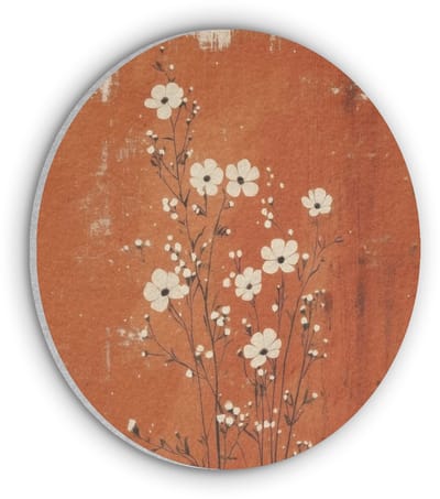 Akoestisch wandpaneel rond 30x30 cm - Vilt schilderij Bloemen - Wit - Subtiel - Roestkleur - Ronde akoestische panelen - Geluidsdempende wanddecoratie - Geluidsisolatie wandcirkel - Muurdecoratie geluidspanelen