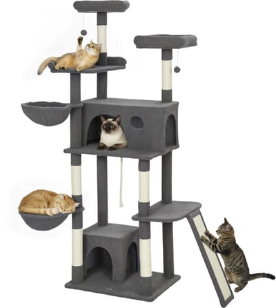 PawHut-Kattenkrabpaal-Spaanplaat, Knuffelbeest in teddybeer-60x48x174cm-Grijs