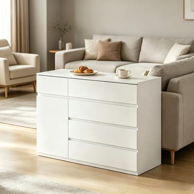 MODFU - Ladekast Met 5 Lades En 1 Kast - Modern - Opbergkast Voor Woonkamer Of Hal - Spaanplaat - Wit - 100 x 40 x 80 cm