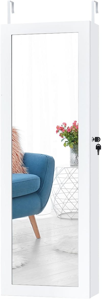 COSTWAY Sieradenkast met 15 ledlampen, spiegelkast met deur- en wandmontage, sieradendoos met full-body spiegel, sieradenrek voor ringen, kettinghaken en oorbellen, incl. 2 sleutels (beige)