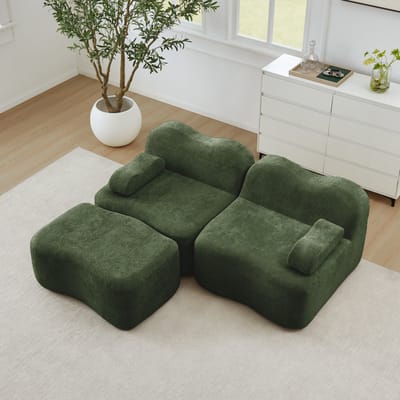 MODENUIT Hoekbank - 2-Zits Met Hocker - Modulaire Golfvorm - Voor Woonkamer En Appartement - Fluweel Groen