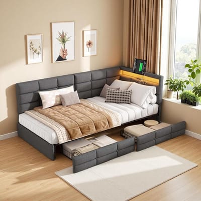 Gestoffeerd Bed - Slaapbank Lade - Ruimte Besparen - Met Laadstation - 90x200 cm - Grijs